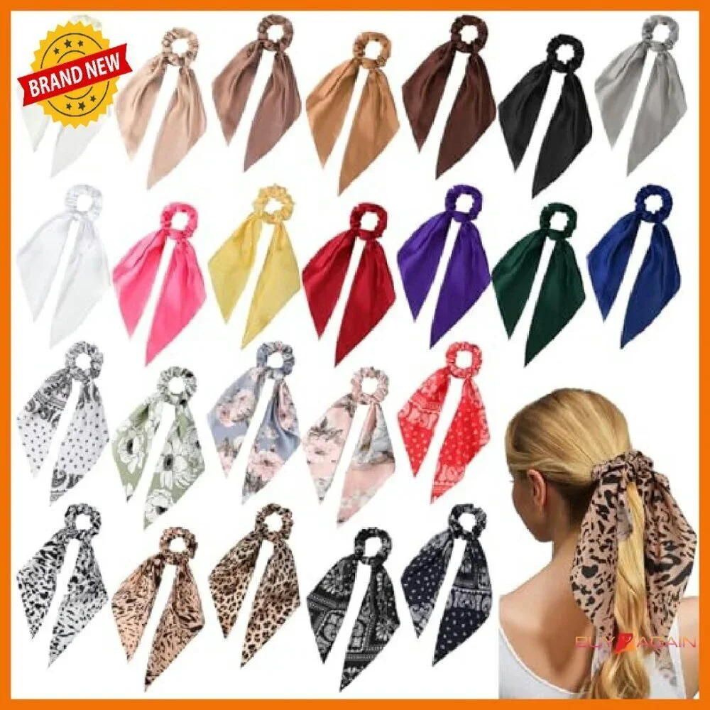 24 Satin Hair Scrunchie Bows Elastic Ponytail Holders Women Accessories